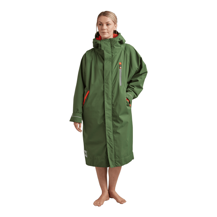 Front view of Red Alter Evo women’s long sleeve waterproof changing robe in Forest Green.