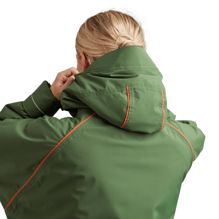Back view of peaked hood on Red Alter Evo women’s long sleeve waterproof changing robe in Forest Green.