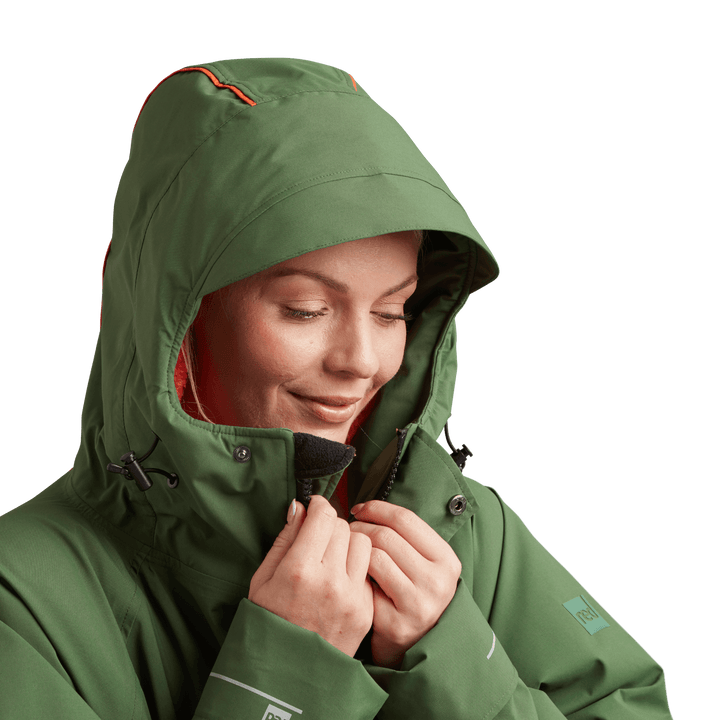 Peaked hood on Red Alter Evo women’s long sleeve waterproof changing robe in Forest Green.