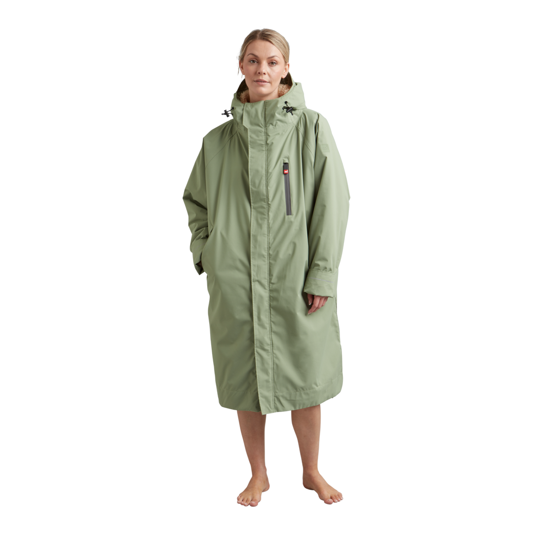 Front view of Red Alter Evo women’s long sleeve waterproof changing robe in Sage Green.