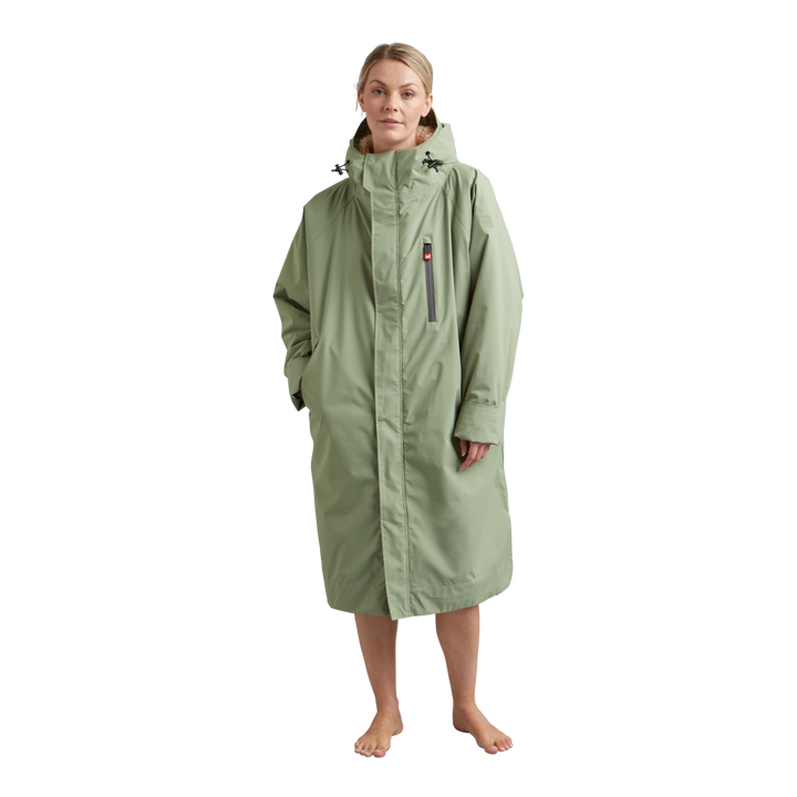 Front view of Red Alter Evo women’s long sleeve waterproof changing robe in Sage Green.