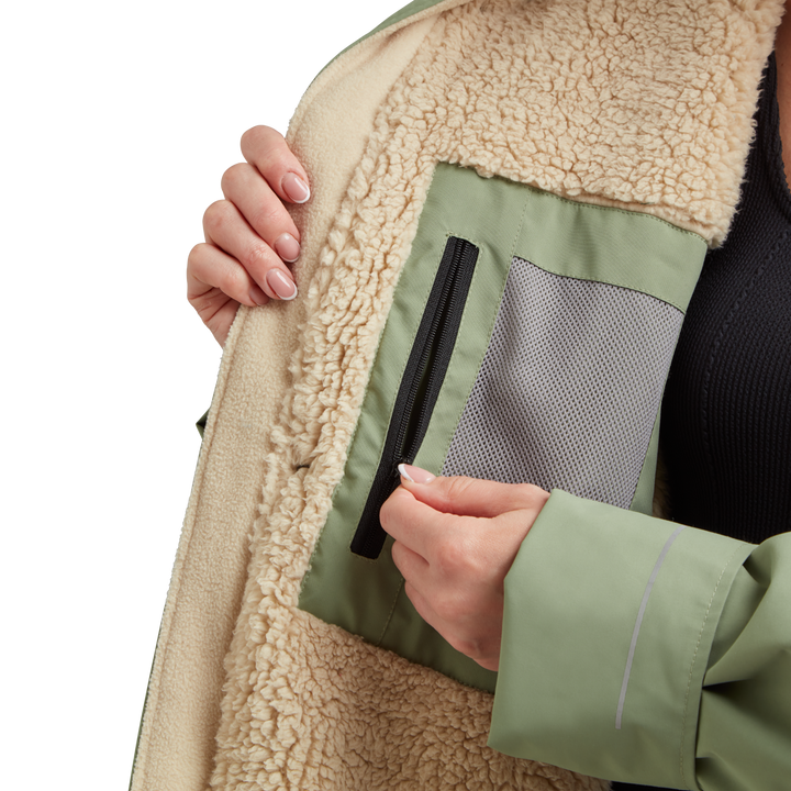 Red Alter Evo women’s long sleeve waterproof changing robe in Sage Green with inside zipped pocket.