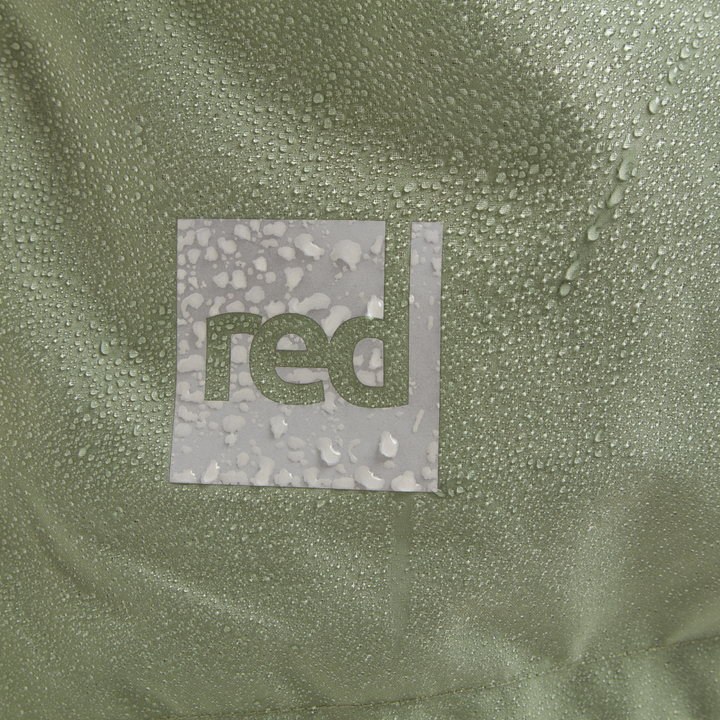 Red Equipment logo detail on Alter Evo women’s long sleeve waterproof changing robe in Sage Green.