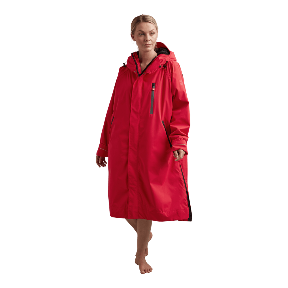 Front view of Red Alter Evo women’s long sleeve waterproof changing robe in Siren Red.