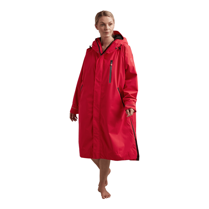 Front view of Red Alter Evo women’s long sleeve waterproof changing robe in Siren Red.