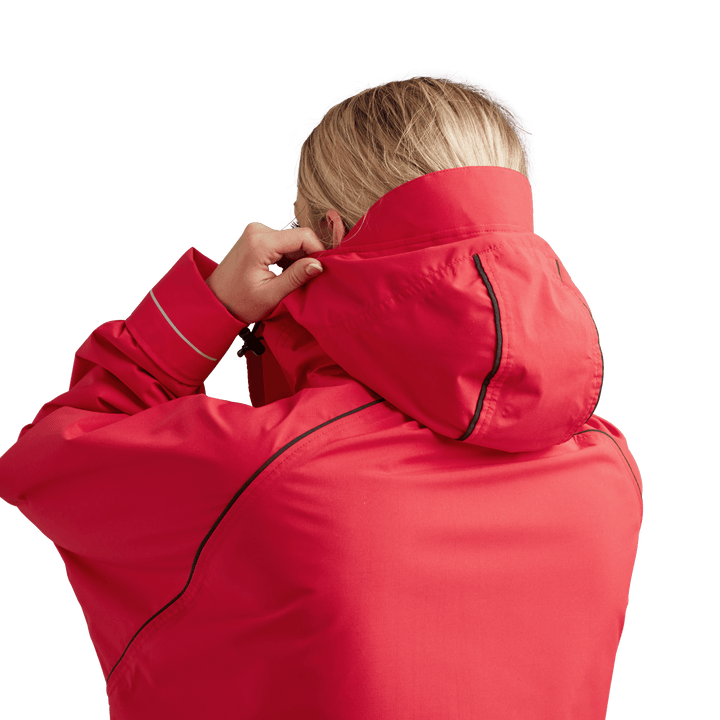 Back view of peaked hood on Red Alter Evo women’s long sleeve waterproof changing robe in Siren Red.
