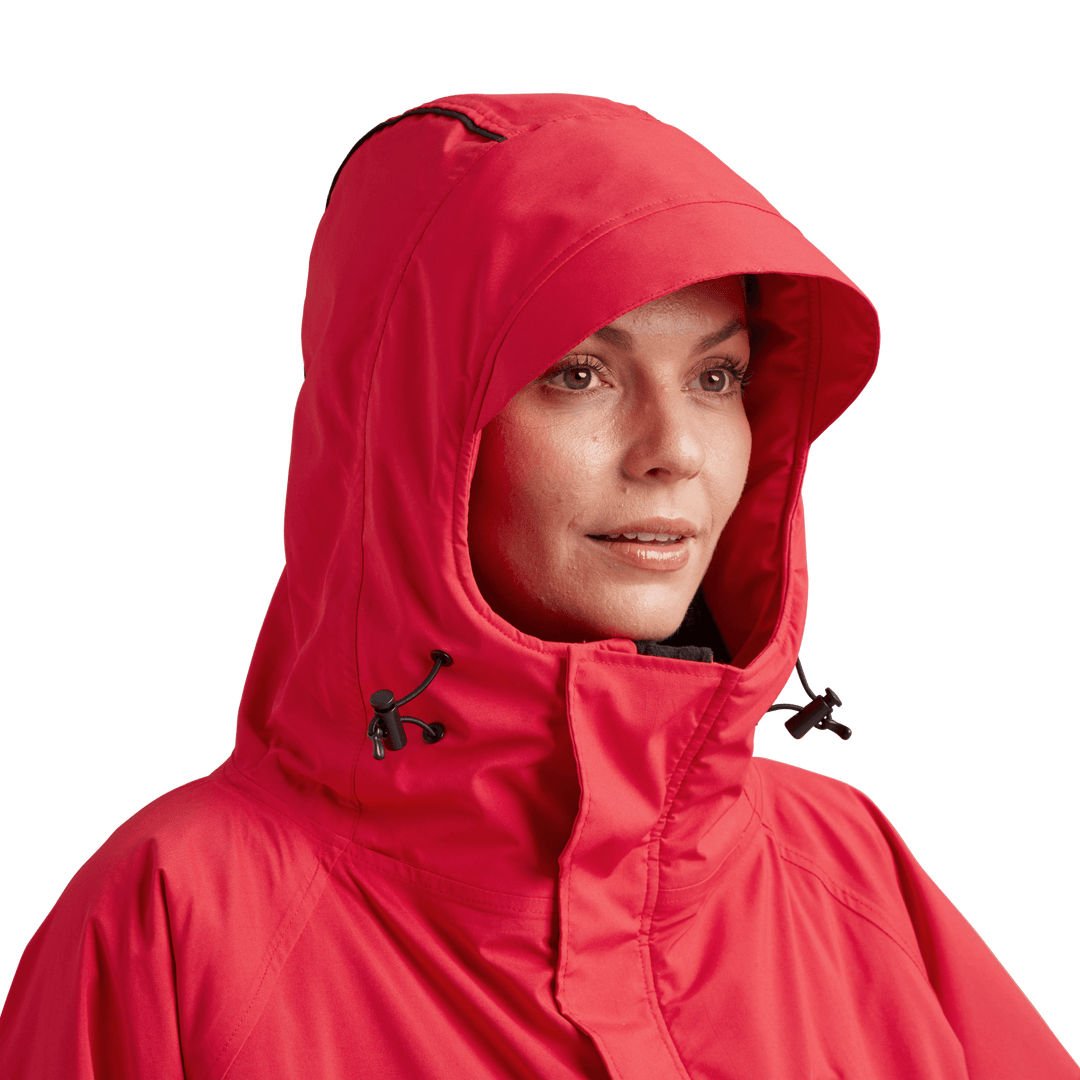 Peaked hood on Red Alter Evo women’s long sleeve waterproof changing robe in Siren Red.