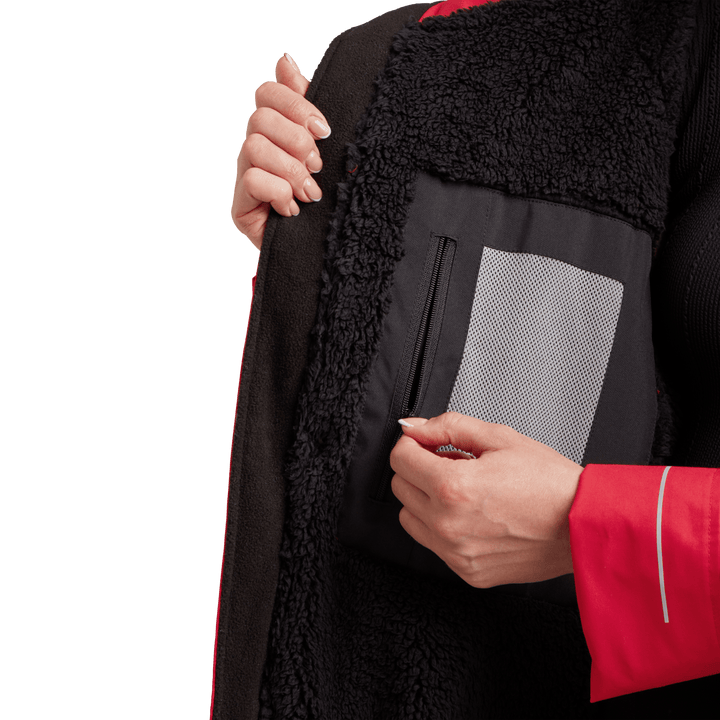 Red Alter Evo women’s long sleeve waterproof changing robe in Siren Red with inside zipped pocket.