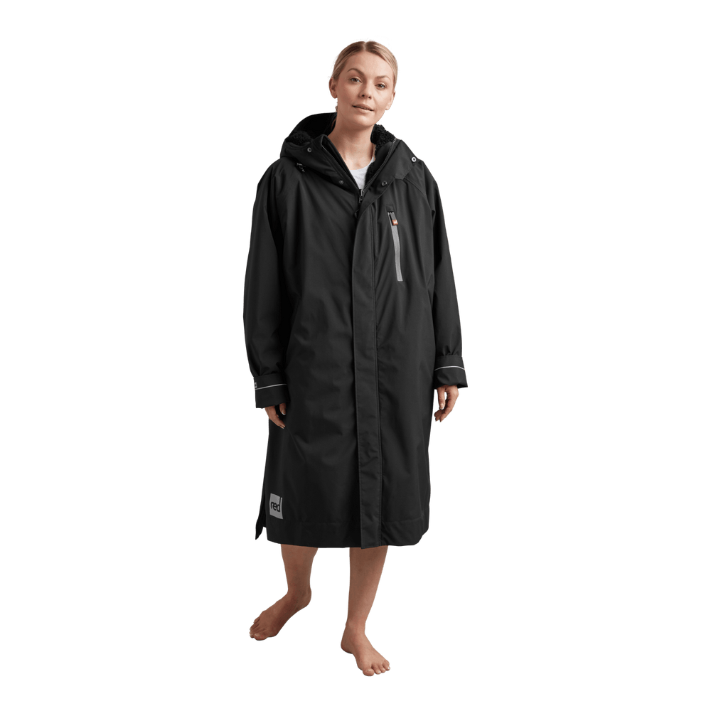 Front view of Red Alter Evo women’s long sleeve waterproof changing robe in Stealth Black.