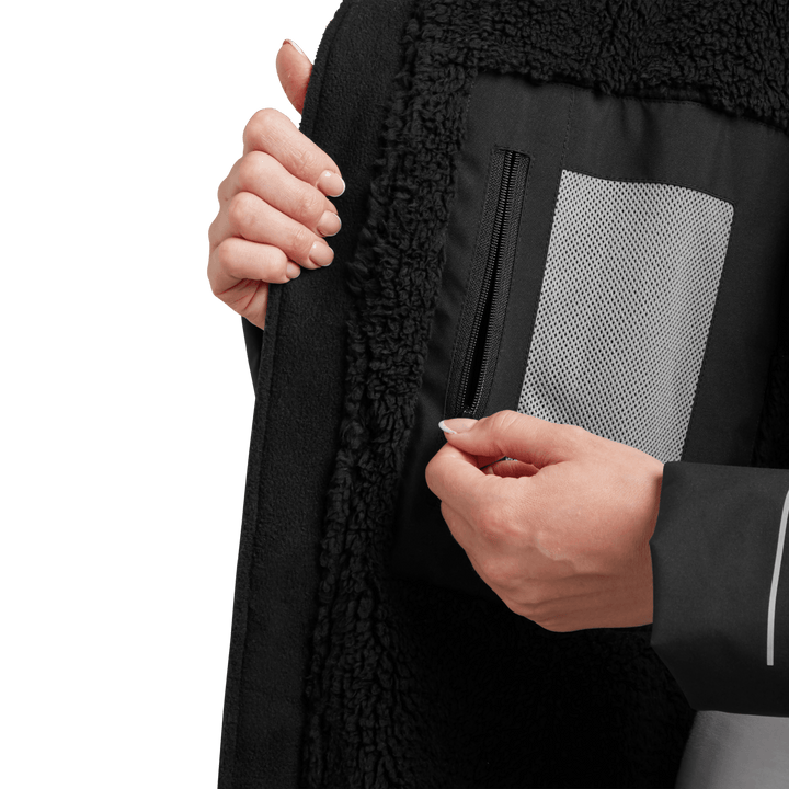Red Alter Evo women’s long sleeve waterproof changing robe in Stealth Black with inside zipped pocket.