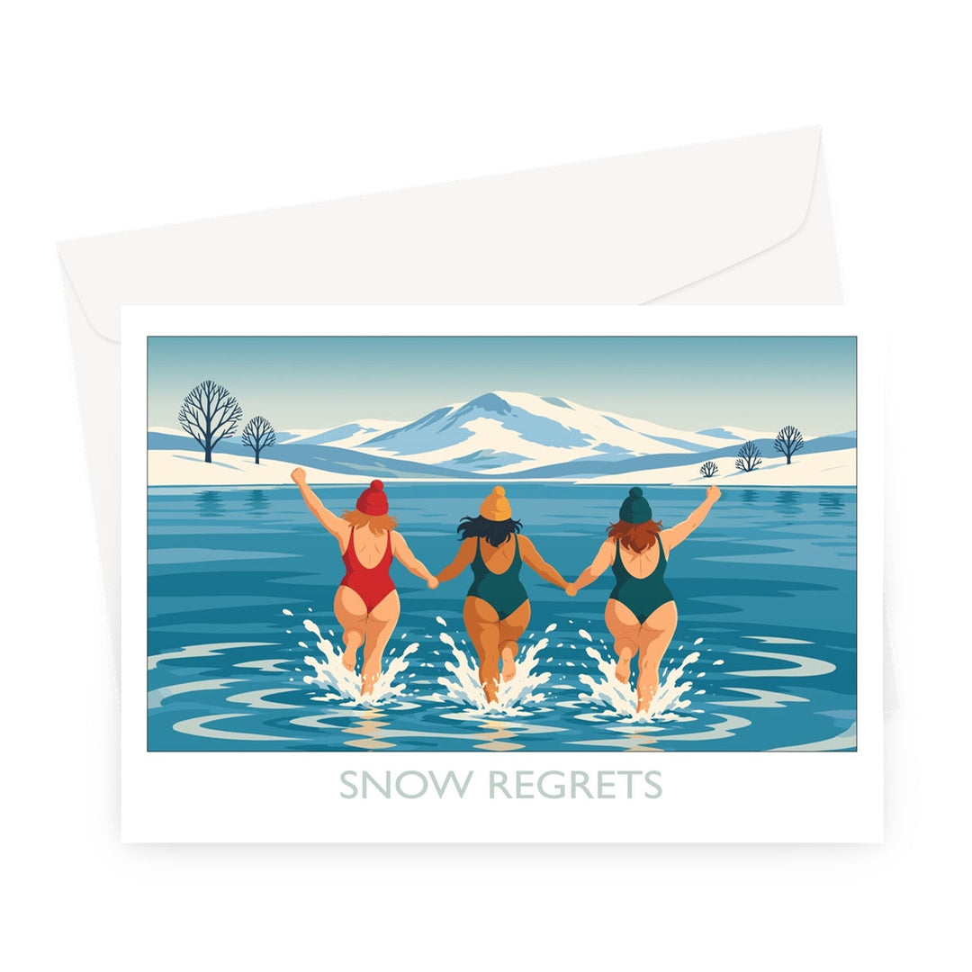 Snow Regrets wild swimming Christmas card by Wild Swim Studio featuring three swimmers entering an icy lake with snowy mountains in the backdrop