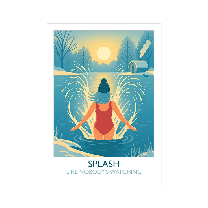 Front view of ‘Splash Like Nobody’s Watching’ art print by Wild Swim Studio featuring a wintery scene with a wild swimmer in red swimsuit splashing into open water.