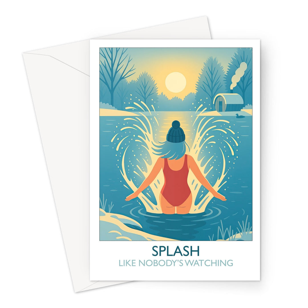 Front of ‘Splash Like Nobody’s Watching’ greeting card by Wild Swim Studio, featuring a wild swimmer in a red swimsuit splashing into cold open water at sunrise.