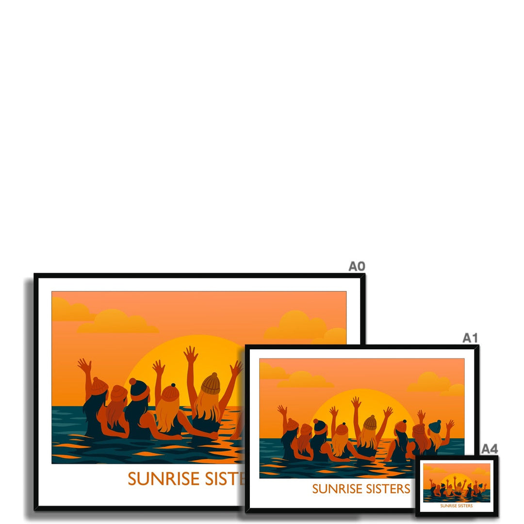 Sunrise Sisters framed wild swimming art print shown in multiple sizes with black frame