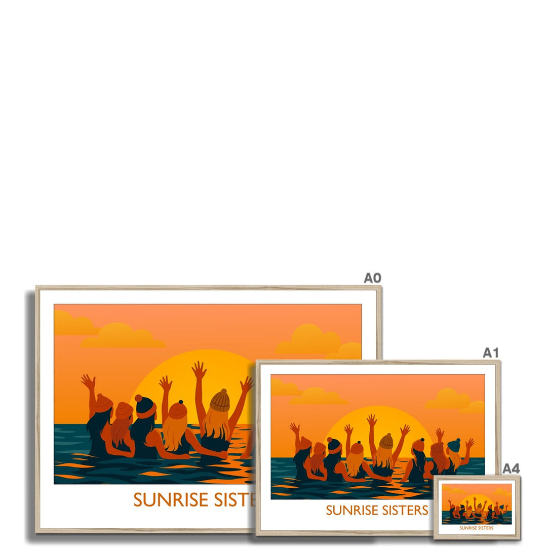Sunrise Sisters framed wild swimming art print shown in multiple sizes with natural frame
