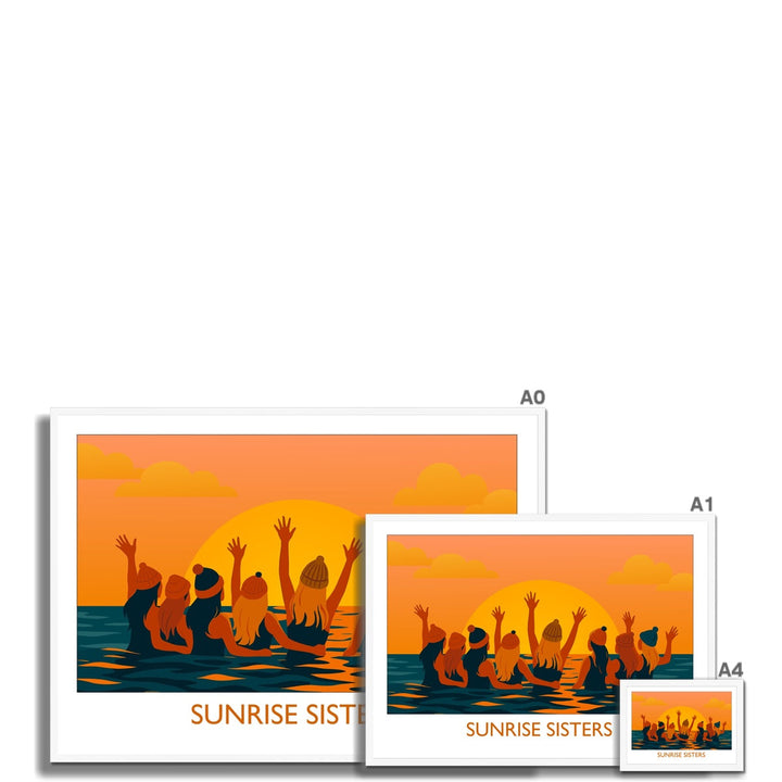Sunrise Sisters framed wild swimming art print shown in multiple sizes with white frame