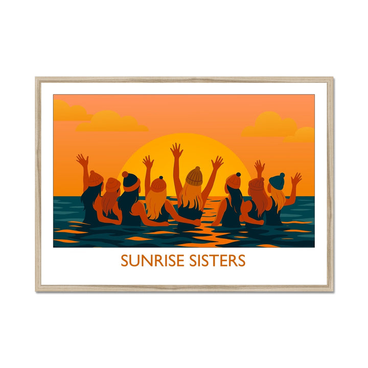 Framed wild swimming art print in natural frame featuring women swimming together at sunrise, titled Sunrise Sisters