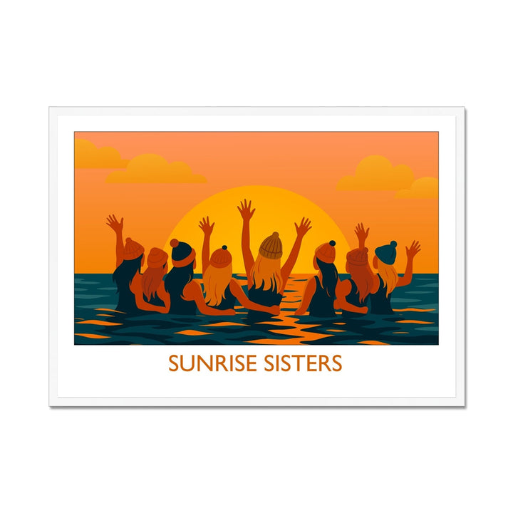 Framed wild swimming art print in white frame featuring women swimming together at sunrise, titled Sunrise Sisters