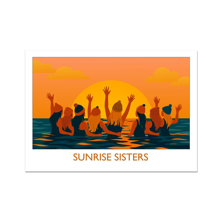 Wild swimming art print featuring women swimming together at sunrise, titled Sunrise Sisters