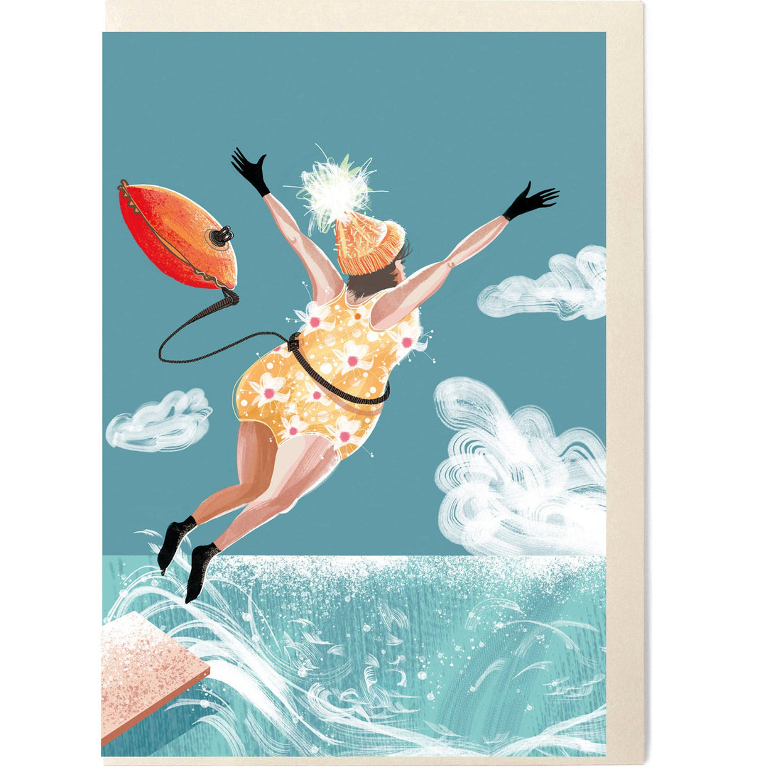 Swim Wild & Free greeting card featuring a joyful outdoor swimmer leaping into the water with a tow float