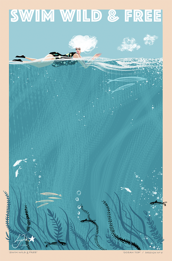Lydia. London Swim Wild & Free tea towel with vintage-inspired artwork of an open water swimmer above a deep blue ocean.