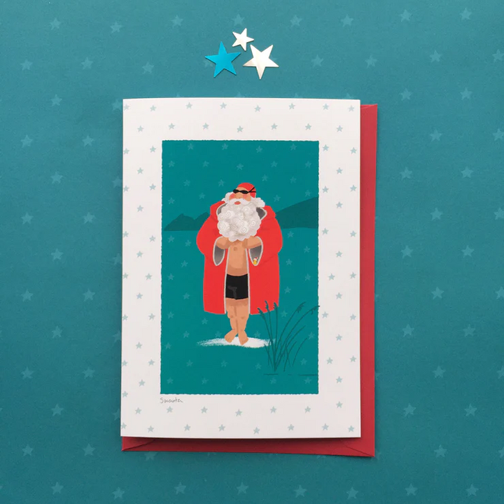 Swimming Santa Christmas card designed by Andrea Hall – festive greeting card for wild swimmers.