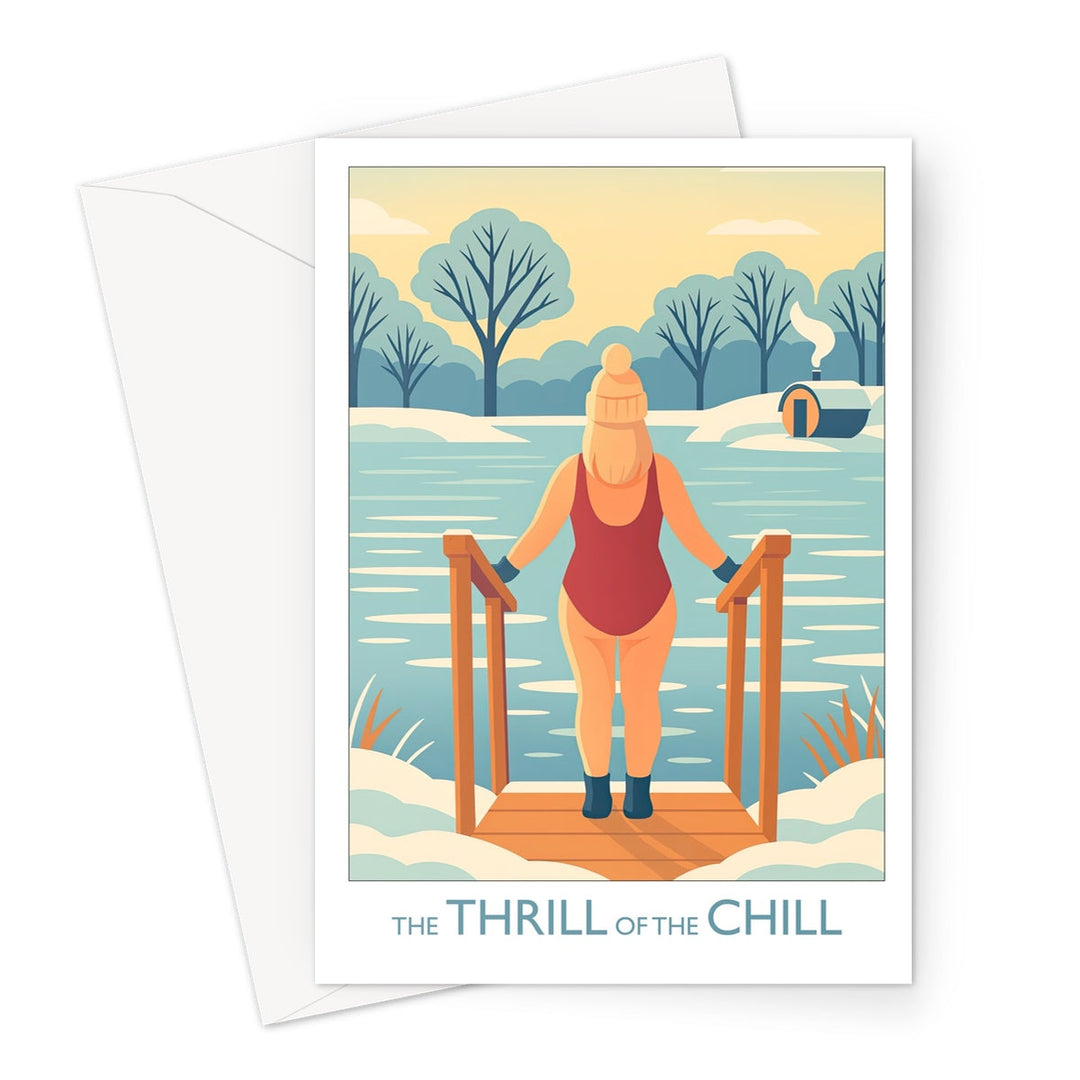 Greeting card illustration of a woman in a red swimsuit and bobble hat stepping into icy water, capturing the thrill of cold-water swimming in a winter landscape.