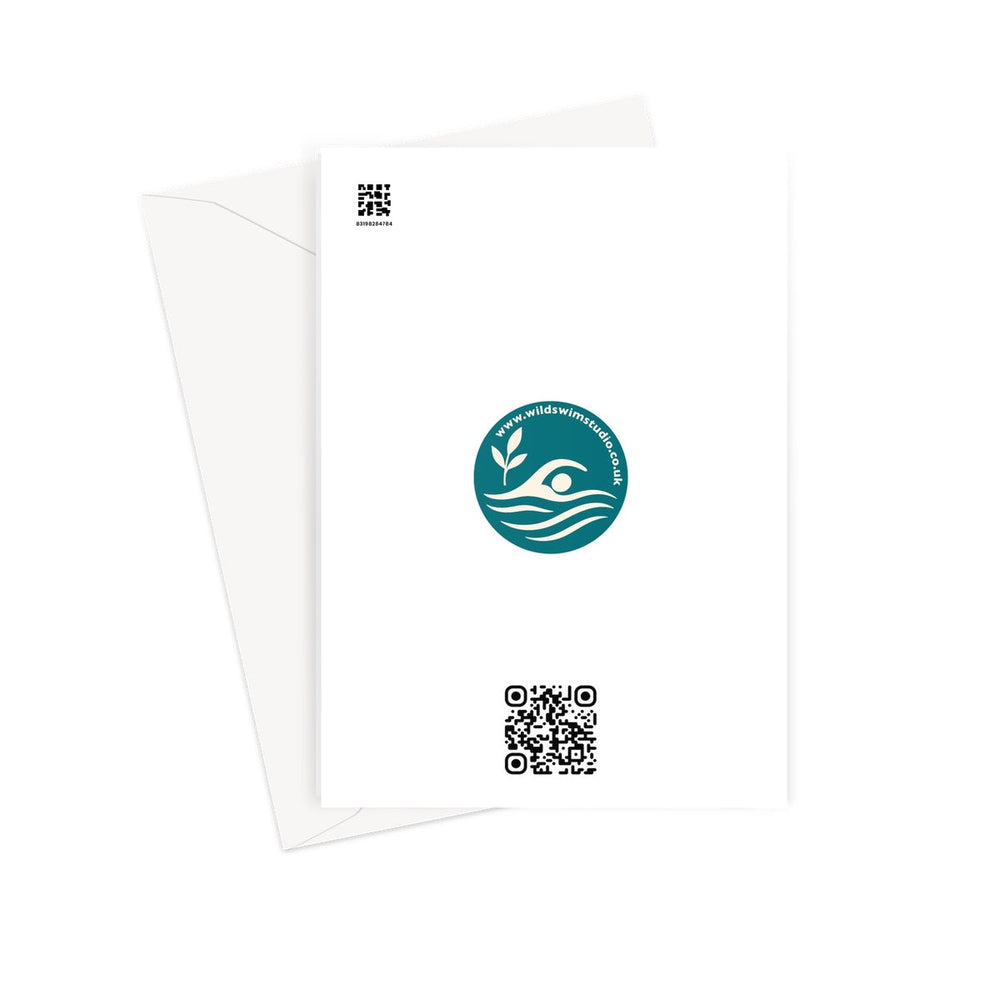 Back of The Thrill of the Chill greeting card showing Wild Swim Studio logo and QR code, printed on high-quality Fedrigoni card with white envelope.