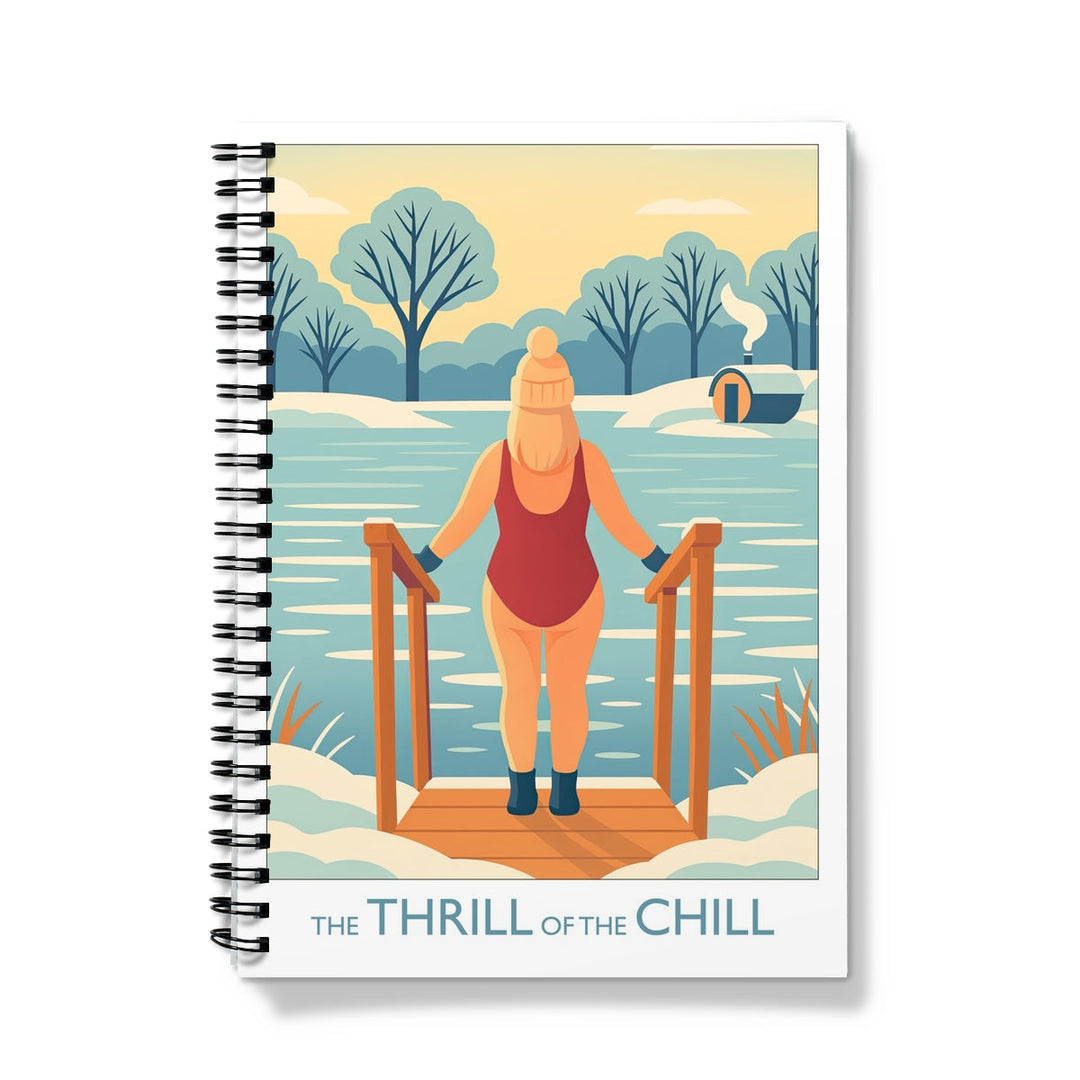 The Thrill of the Chill wild swimming notebook cover with an illustration of a winter swimmer in red swimsuit and bobble hat on a wooden jetty