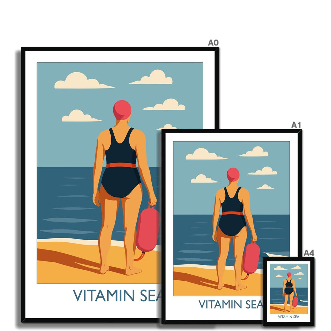 Vitamin Sea framed wild swimming art print shown in multiple sizes with black frame