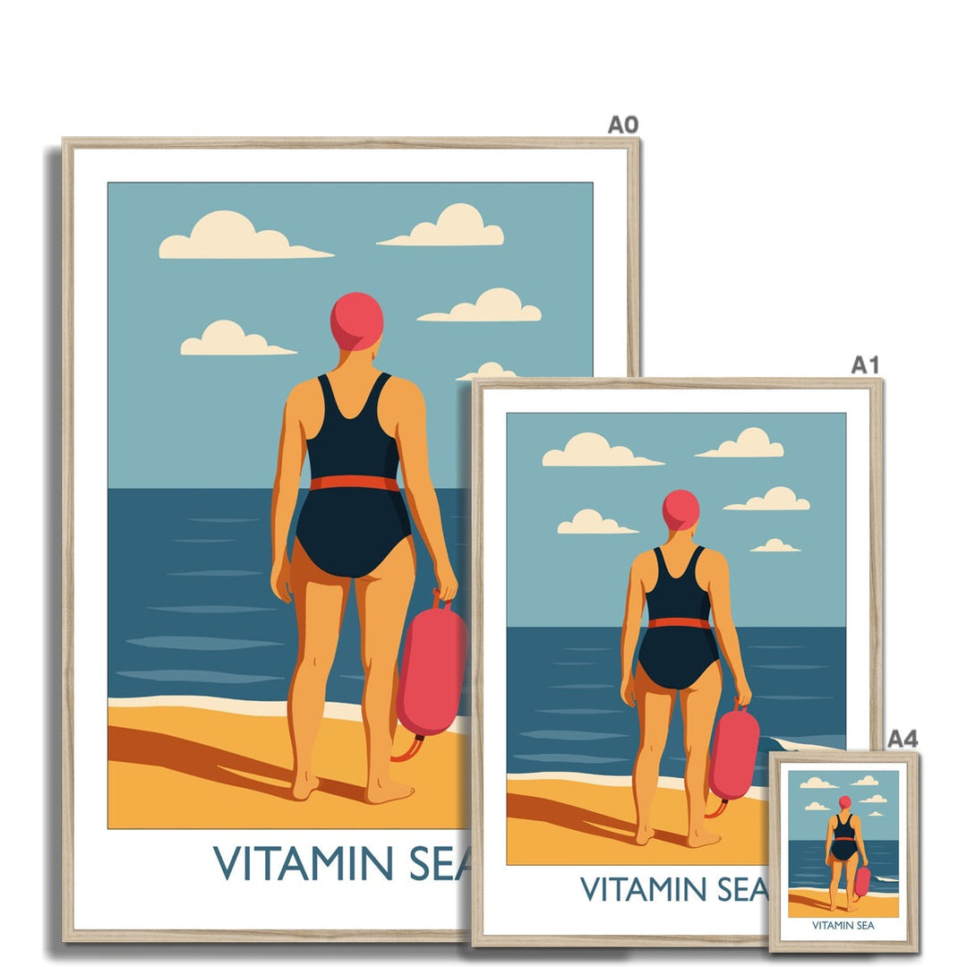 Vitamin Sea framed wild swimming art print shown in multiple sizes with natural frame
