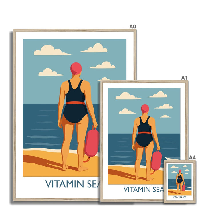 Vitamin Sea framed wild swimming art print shown in multiple sizes with natural frame