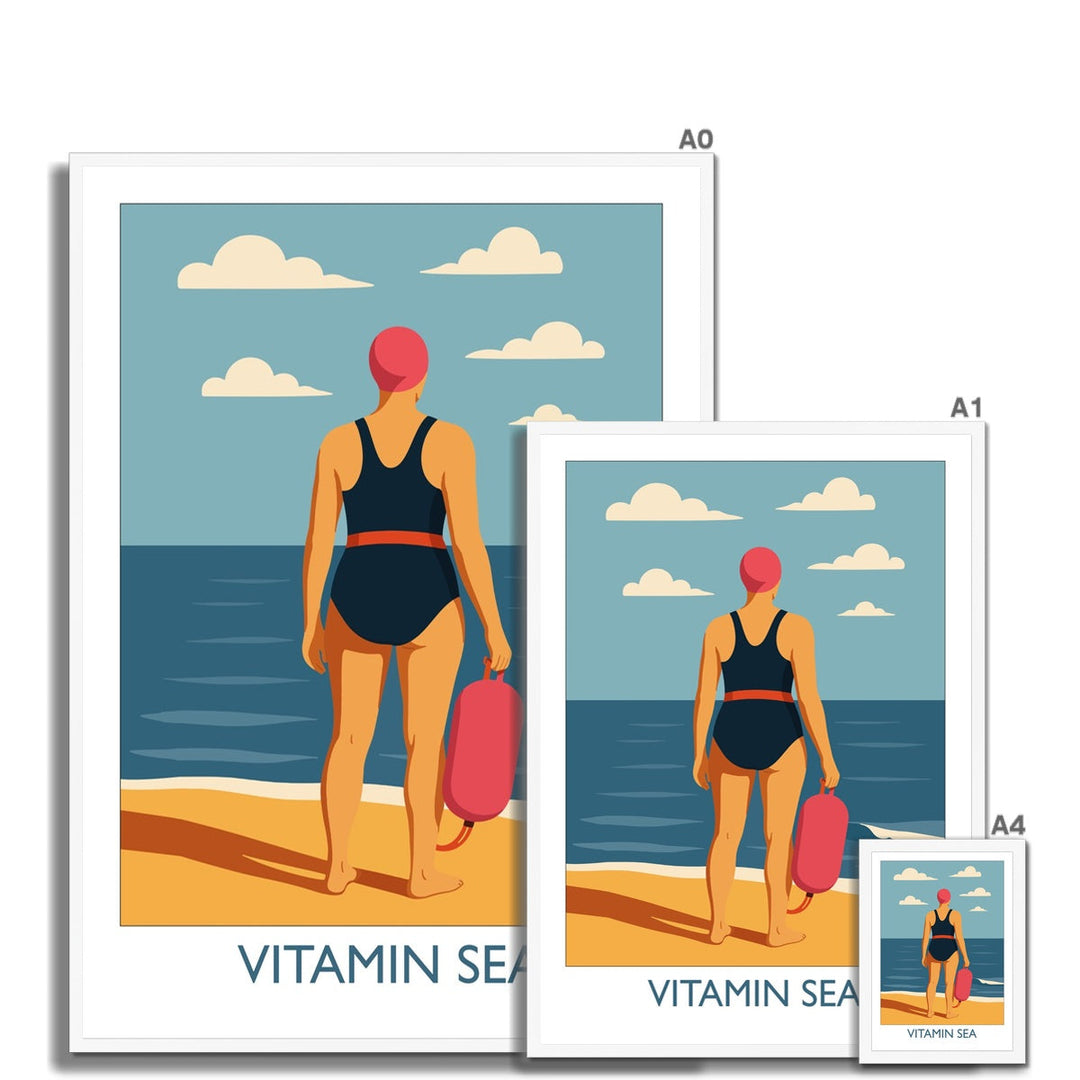 Vitamin Sea framed wild swimming art print shown in multiple sizes with white frame