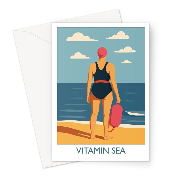 Wild swimming greeting card featuring a swimmer with tow float standing at the shoreline, titled Vitamin Sea