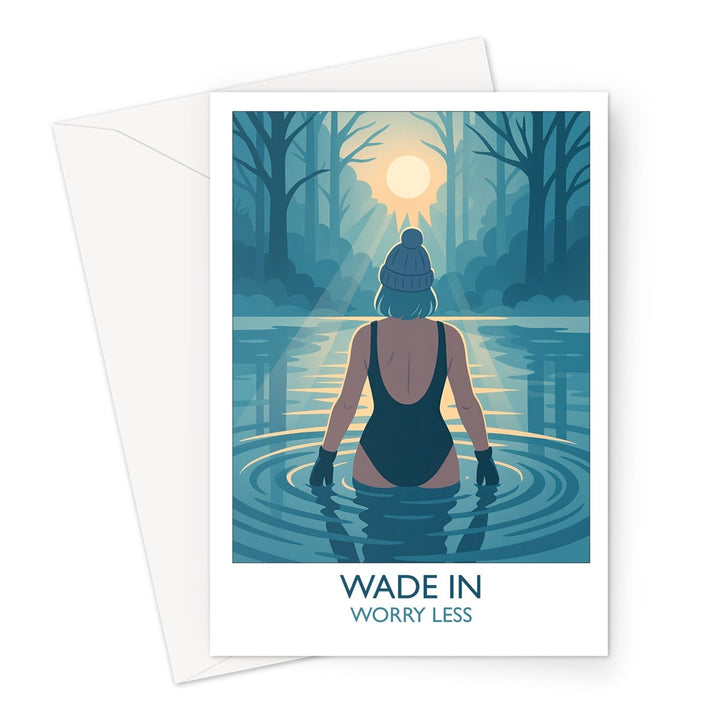 Illustrated greeting card featuring a cold-water swimmer wading into calm water at sunrise, wearing a bobble hat and gloves — captioned Wade In, Worry Less.