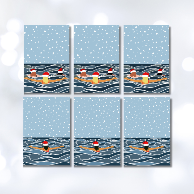 Six Waves & Wander Christmas cards showing three friends swimming and a solo swimmer in snowy seas wearing Santa hats