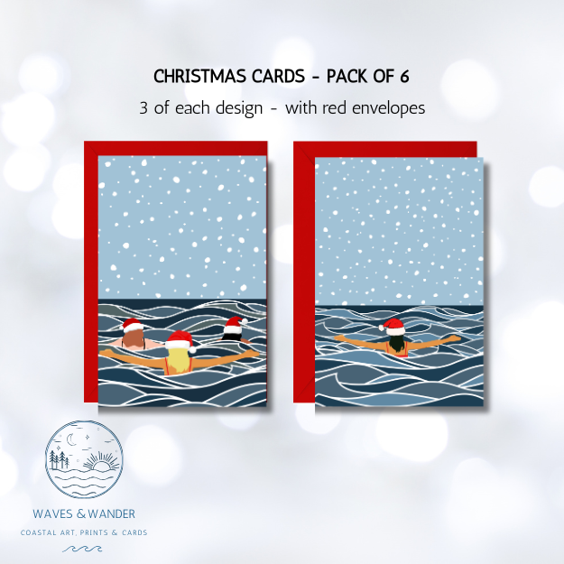 Waves &amp; Wander wild swimming Christmas cards pack of six featuring two snowy sea swimming designs with festive Santa hats and red envelopes