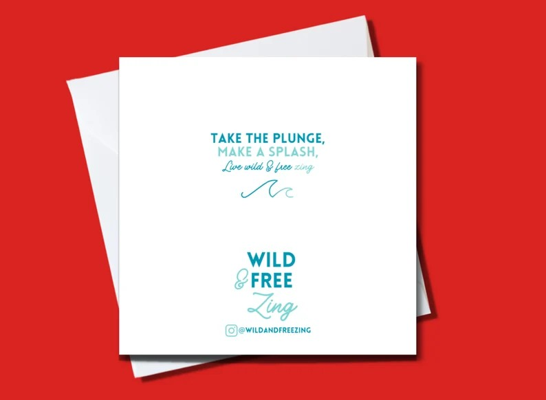 Reverse of Wild & Free Zing greeting card showing brand logo and design details.