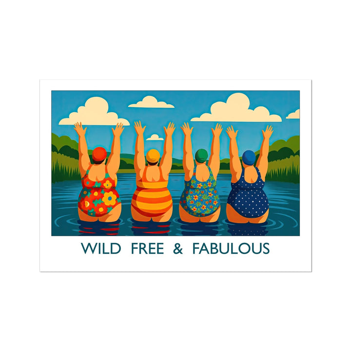 Colourful art print of four women in bright swimsuits celebrating in open water, inspired by wild swimming, friendship and body confidence.