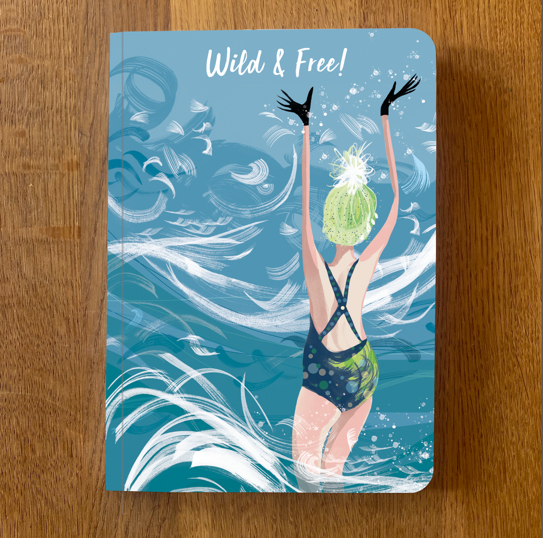 A5 Wild & Free notebook by Lydia London featuring colourful artwork of an outdoor swimmer standing in swirling blue water.
