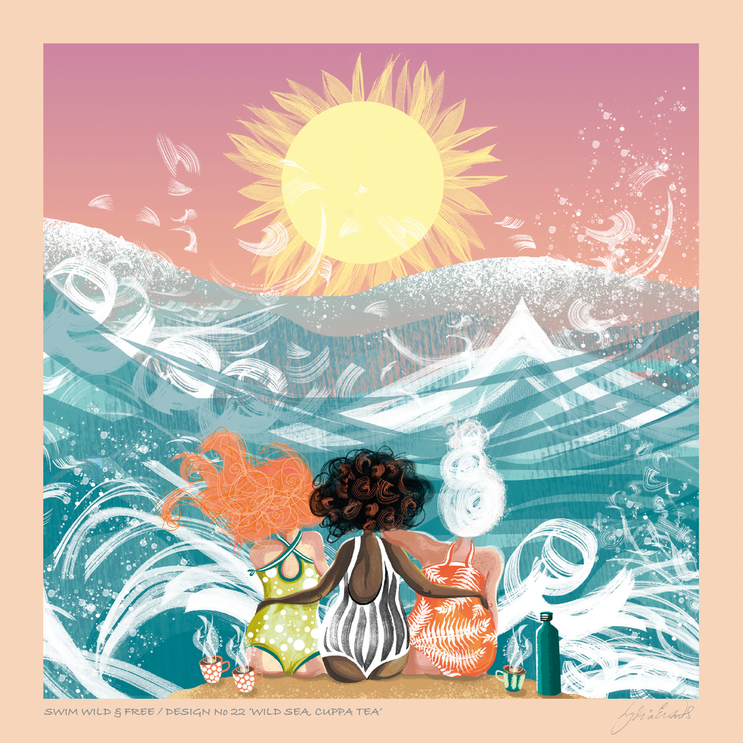Colourful Lydia London Wild Sea, Cuppa Tea art print featuring three swimming friends beside the sea with hot drinks after a wild swim.
