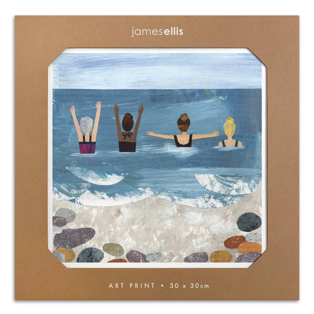 Wild Sea Swimmers art print presented in protective plastic-free cardboard packaging.