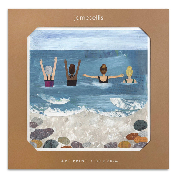 Wild Sea Swimmers art print presented in protective plastic-free cardboard packaging.