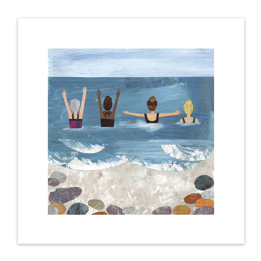 Square Wild Sea Swimmers art print by Christina Carpenter featuring four women wading into the sea together. The print is centered on a white background with a wide white border.