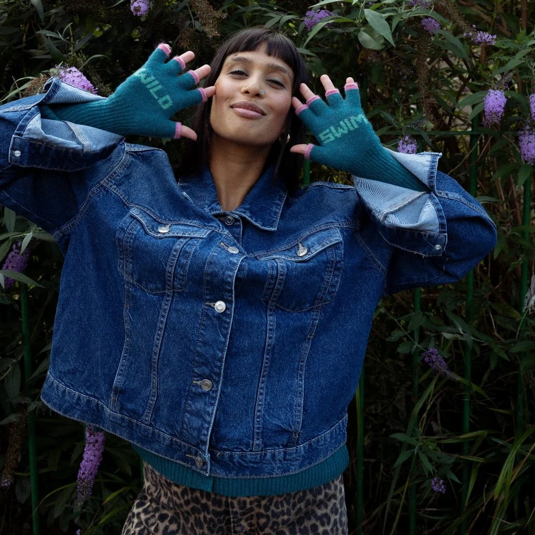 Wild Swim Fingerless Gloves in Teal &amp; Peppermint