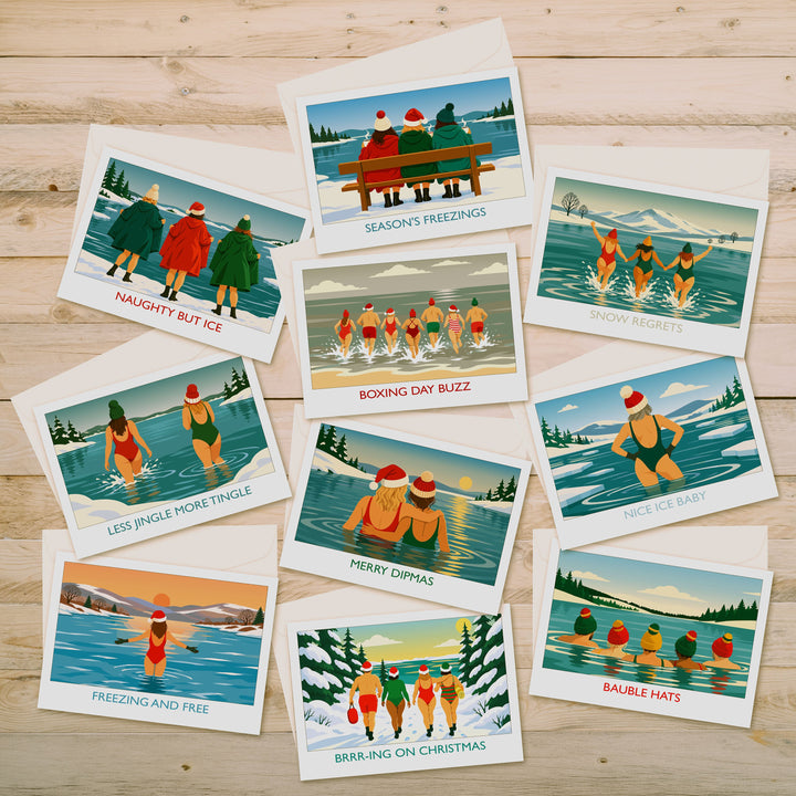 Wild Swim Studio 2026 Christmas card pack featuring all ten wild swimming designs with festive illustrations, funny slogans and matching envelopes