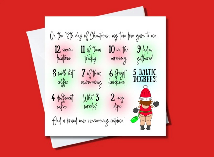 Wild Swimming 12 Days of Christmas card – a fun festive card with swimming-themed lyrics, perfect for cold water swimmers and dippers.