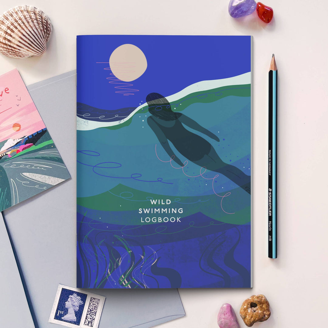 Onneke Full Moon Swim wild swimming logbook featuring a moonlit sea swimming illustration