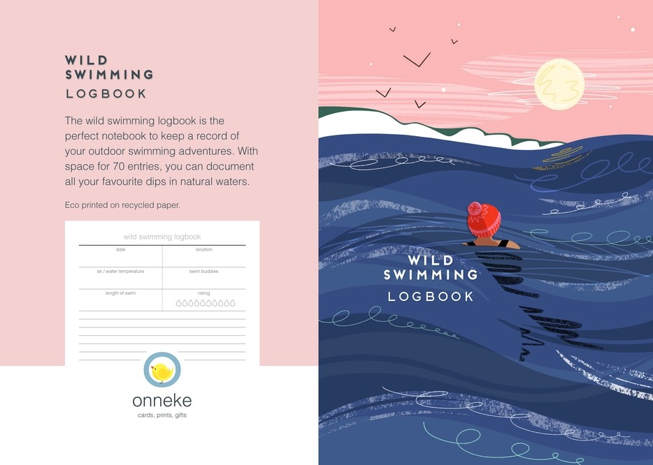 Wild swimming logbook with envelope and illustrated card – eco-friendly letterbox gift for swimmers.