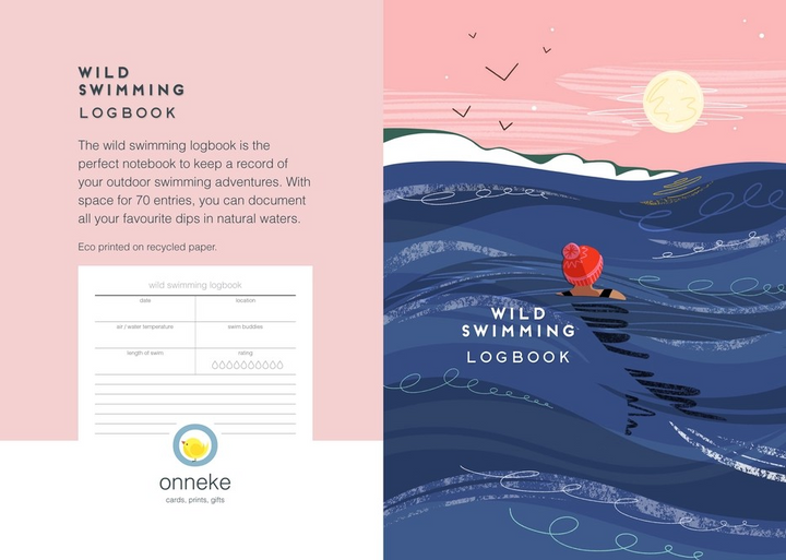 Wild swimming logbook with envelope and illustrated card – eco-friendly letterbox gift for swimmers.